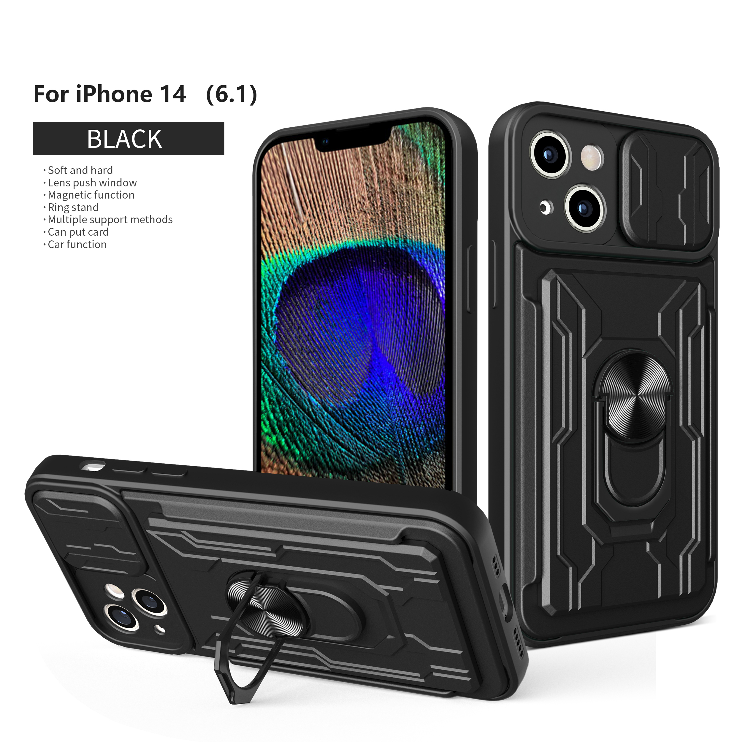 iPhone 14 Case, Kickstand Case with Slide Camera Cover & Card Holder