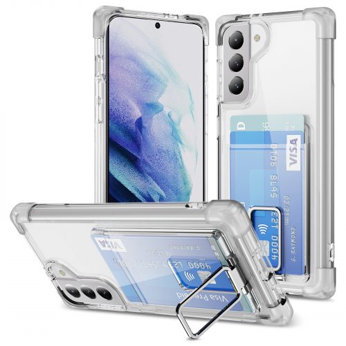 Samsung Galaxy S21 FE Card Holder Slot Built-in Kickstand Stand Shockproof Clear Case